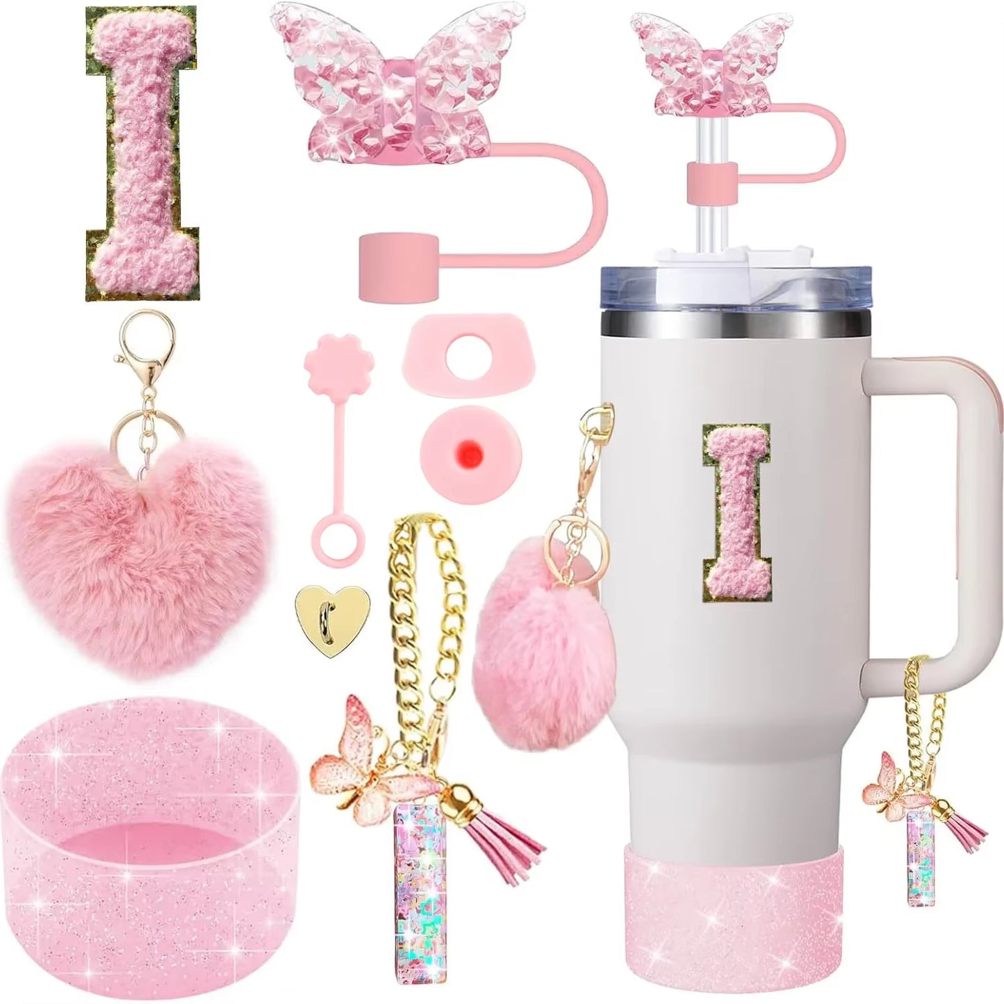 9PCS Cup Accessory Set for Stanley 30Oz 40Oz Butterfly Straw Cover Cap Silicone Boot Charm Initials Sticker Spill Proof Stopper