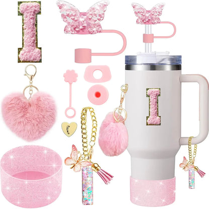 9PCS Cup Accessory Set for Stanley 30Oz 40Oz Butterfly Straw Cover Cap Silicone Boot Charm Initials Sticker Spill Proof Stopper