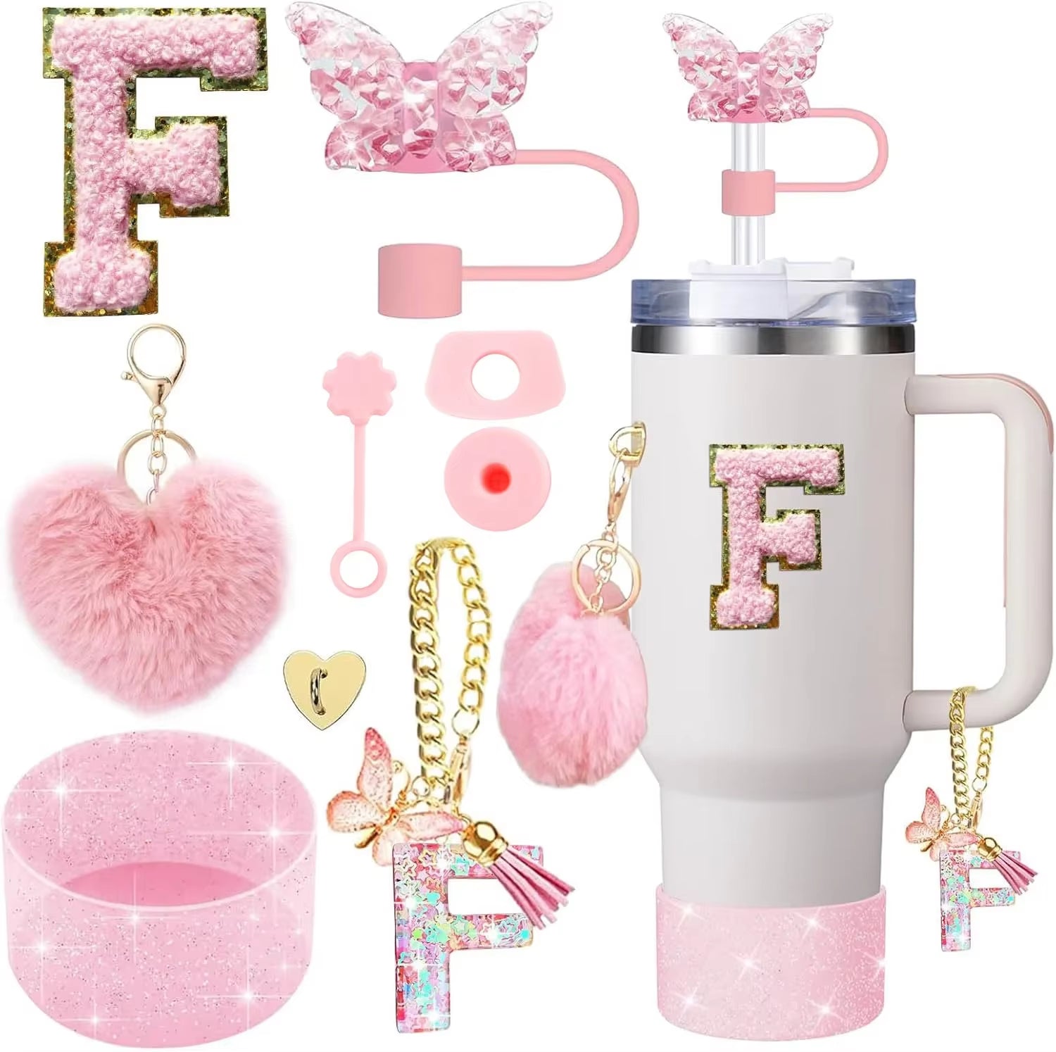 9PCS Cup Accessory Set for Stanley 30Oz 40Oz Butterfly Straw Cover Cap Silicone Boot Charm Initials Sticker Spill Proof Stopper