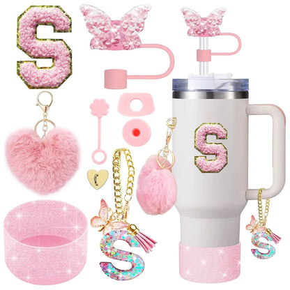 9PCS Cup Accessory Set for Stanley 30Oz 40Oz Butterfly Straw Cover Cap Silicone Boot Charm Initials Sticker Spill Proof Stopper