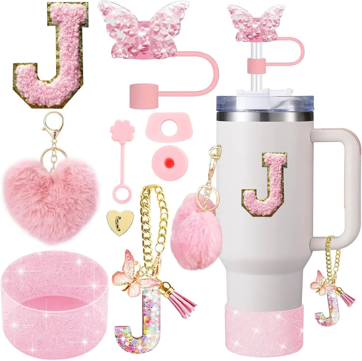 9PCS Cup Accessory Set for Stanley 30Oz 40Oz Butterfly Straw Cover Cap Silicone Boot Charm Initials Sticker Spill Proof Stopper