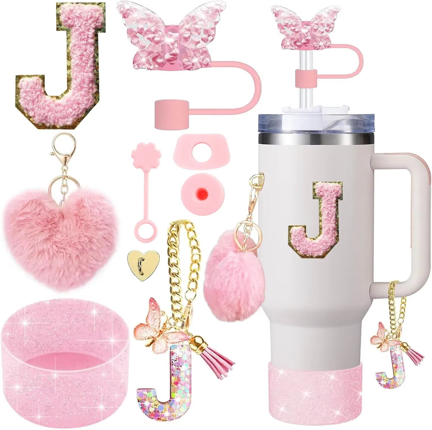 9PCS Cup Accessory Set for Stanley 30Oz 40Oz Butterfly Straw Cover Cap Silicone Boot Charm Initials Sticker Spill Proof Stopper