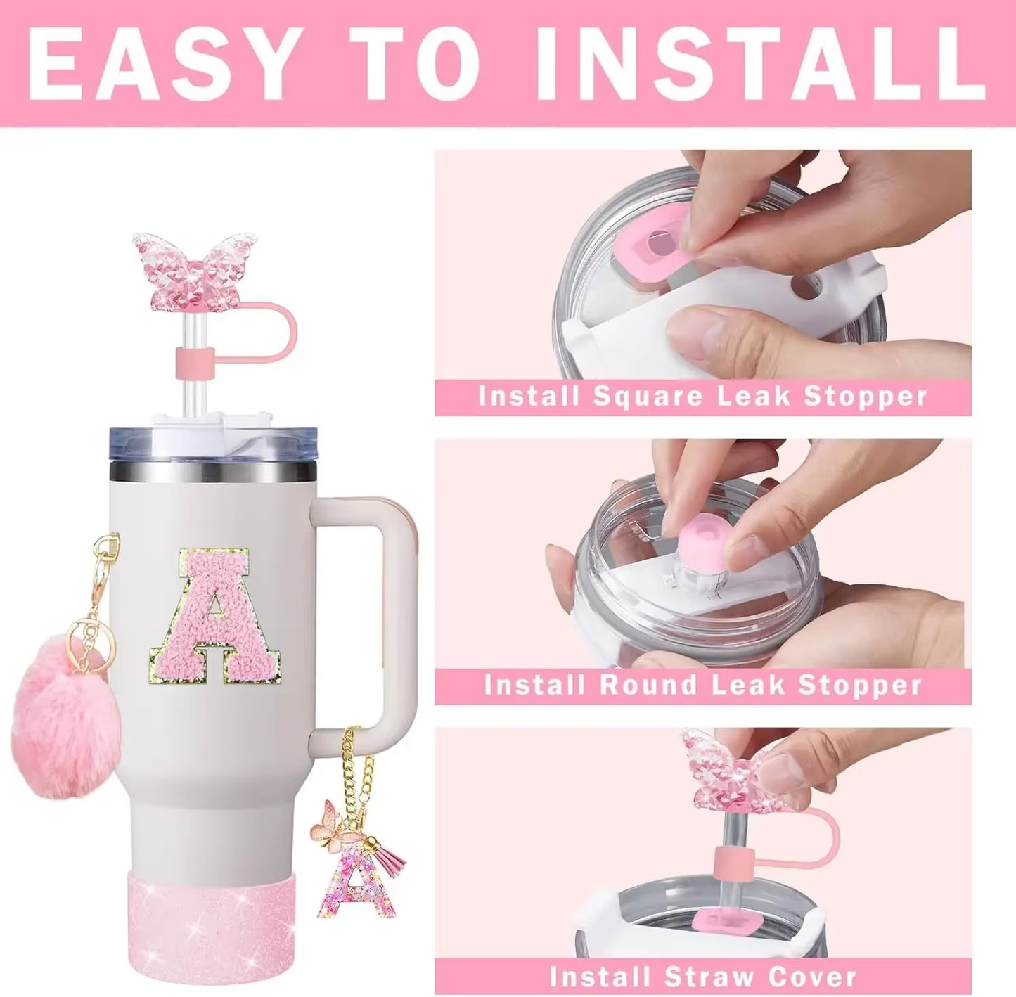 9PCS Cup Accessory Set for Stanley 30Oz 40Oz Butterfly Straw Cover Cap Silicone Boot Charm Initials Sticker Spill Proof Stopper