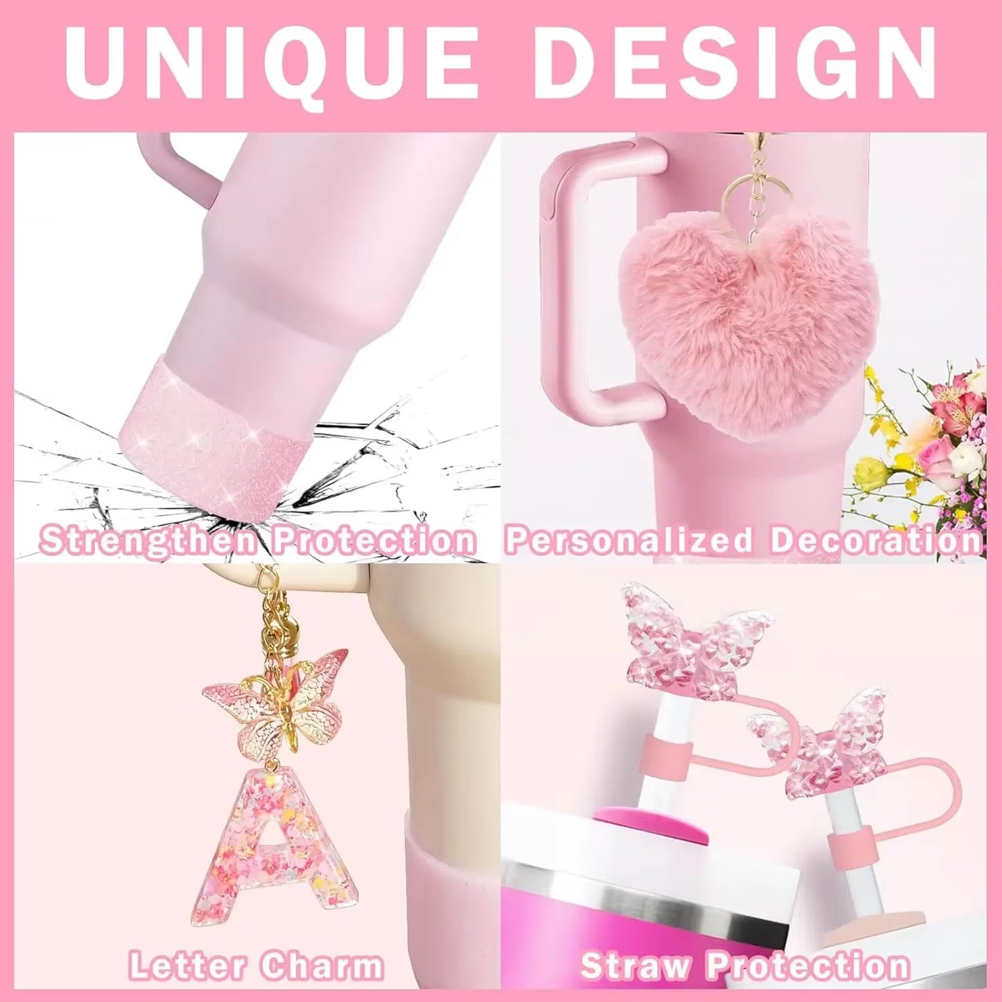 9PCS Cup Accessory Set for Stanley 30Oz 40Oz Butterfly Straw Cover Cap Silicone Boot Charm Initials Sticker Spill Proof Stopper